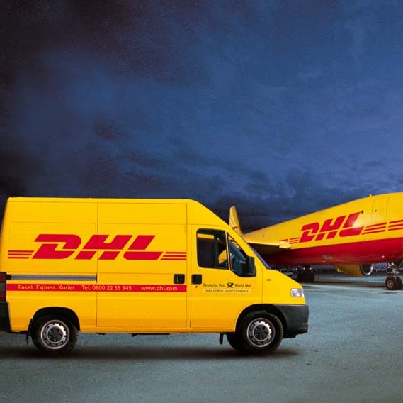 DHL Office in Ibadan. DHL bus and airplane parked.